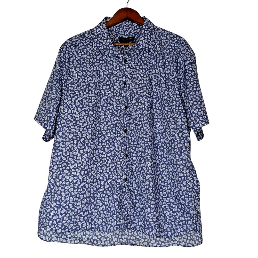 Pronto Uomo Button Down Shirt Mens XXL Blue Shell‎ Turtle Tropical Short Sleeve